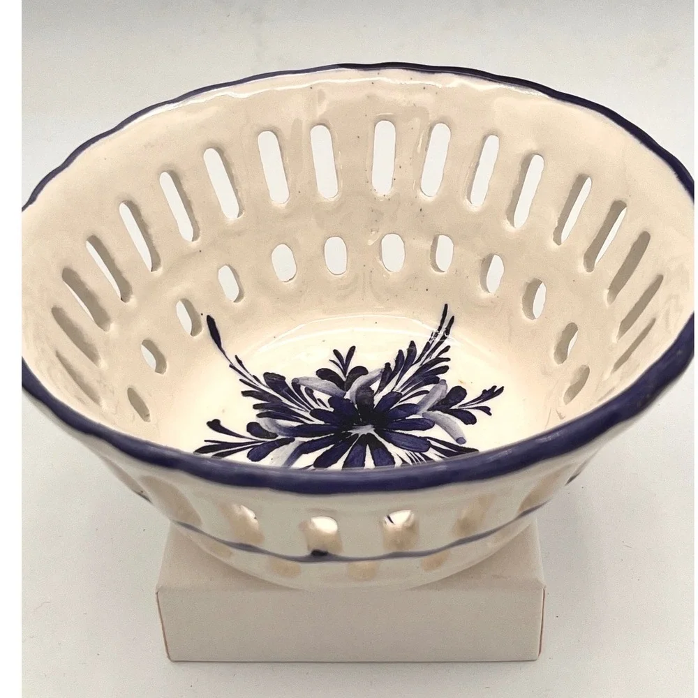 Hand Painted Portugal Pierced Berry Bowl Blue  White Floral Reticulated Strainer